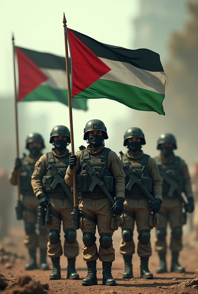 In combat gear helmet Algerian military soldiers there are 5 of them they carry the Algerian flag green white the crescent moon the blood red star plus they have the Palestinian flag also in their hand they all hold it with their hands so that it does not fall
