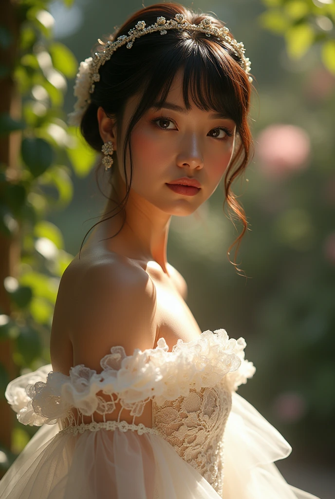 with bangs, short black hair and eyes , in a super beautiful Brazilian wedding dress