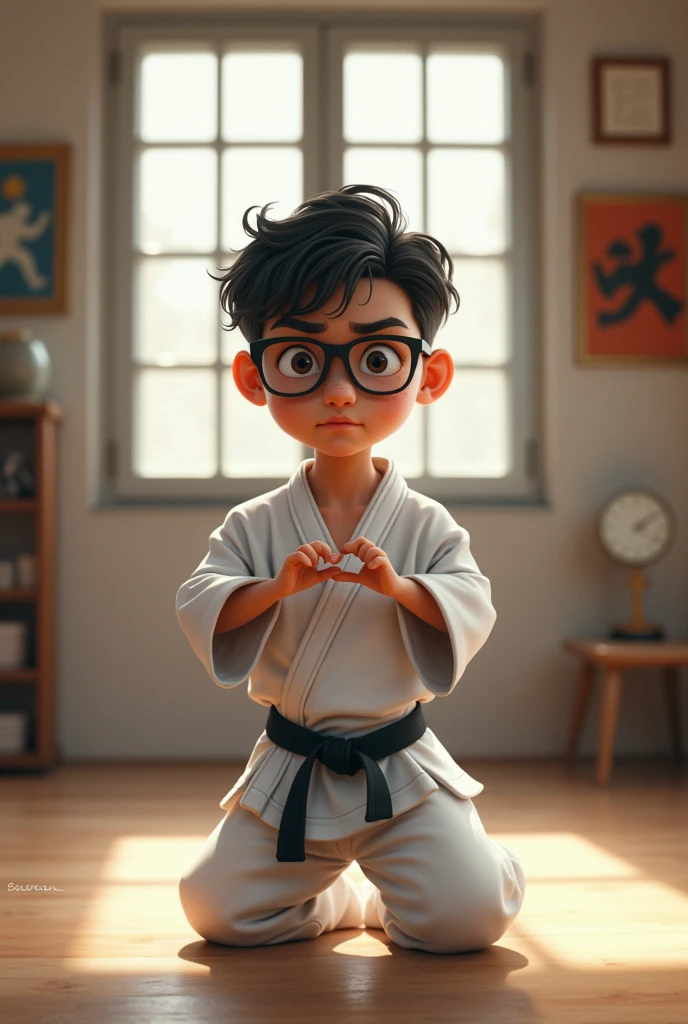 Give me the image of a nerdy boy named Alejandro Vega. Now Alejandro practices martial arts 