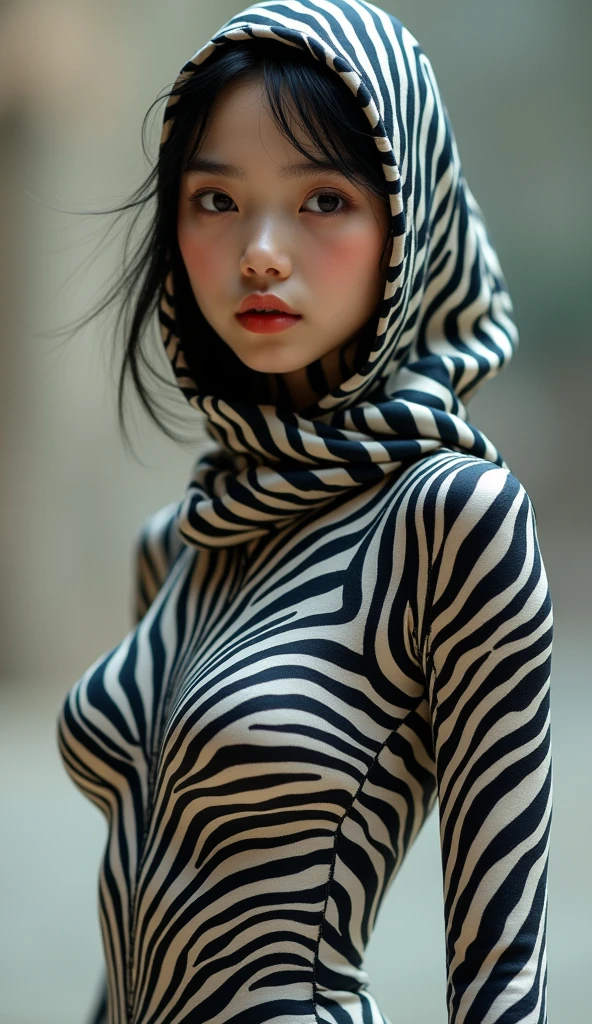 A most handsome and thin  Asian chinese boy wears zebra print Lycra turtleneck unitard catsuit covered with zebra stripes.He always wear zebra Lycra dancewear hijab-like hood.He has beautiful cheeks on his face.