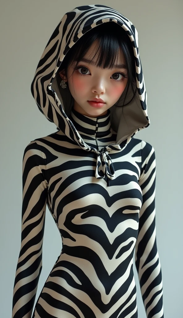 A most handsome and thin  Asian chinese boy wears zebra print Lycra turtleneck unitard catsuit covered with zebra stripes.He always wear zebra Lycra dancewear hijab-like hood.He has beautiful cheeks on his face.