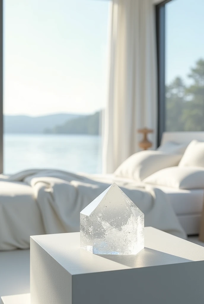A quartz crystal on a table next to the bed, in a modern and minimalist house, lake view, white tones, photography realistic