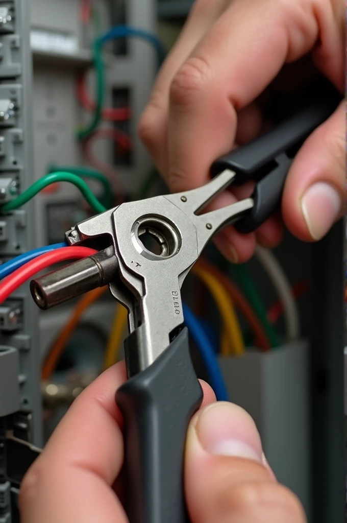 An electrician with pliers fixing the colored wires with a clamp 
