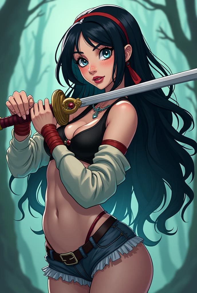 A woman who looks like Marceline, but with white skin with dimples on her face and without the pointy teeth hot cartoon version holding a fencing sword