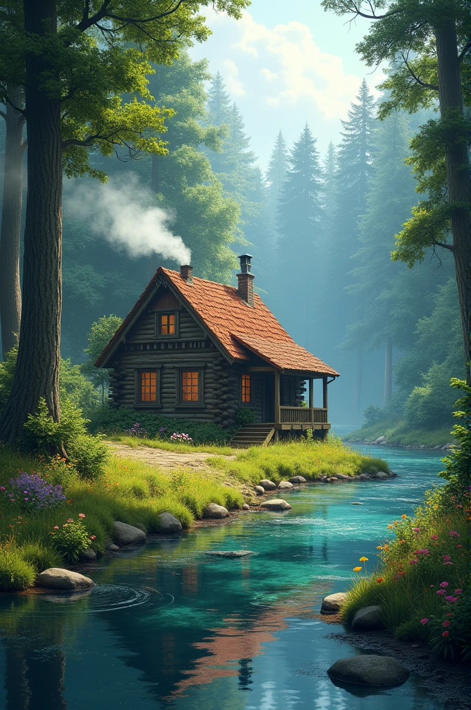 Cabin in a clearing in a forest on the banks of a river