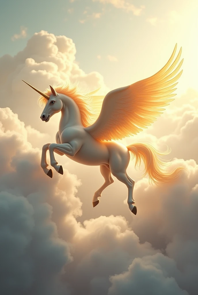 winged unicorn golden onchao flying in the clouds from afar