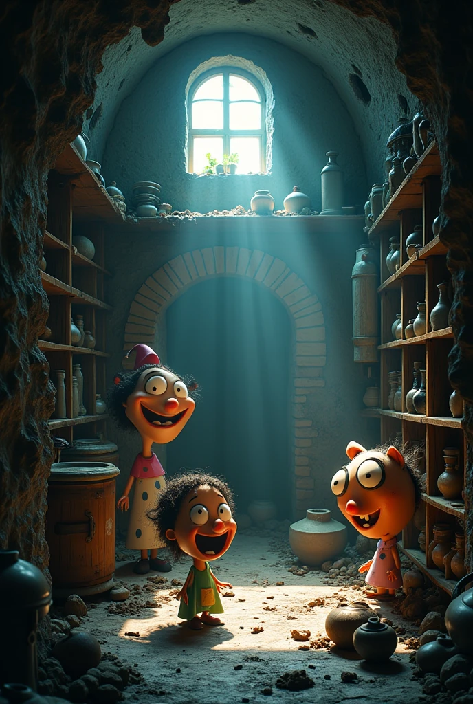 Im Stil von Pixar 3D-Animationmsfilmen (Caricature). A dark cellar.