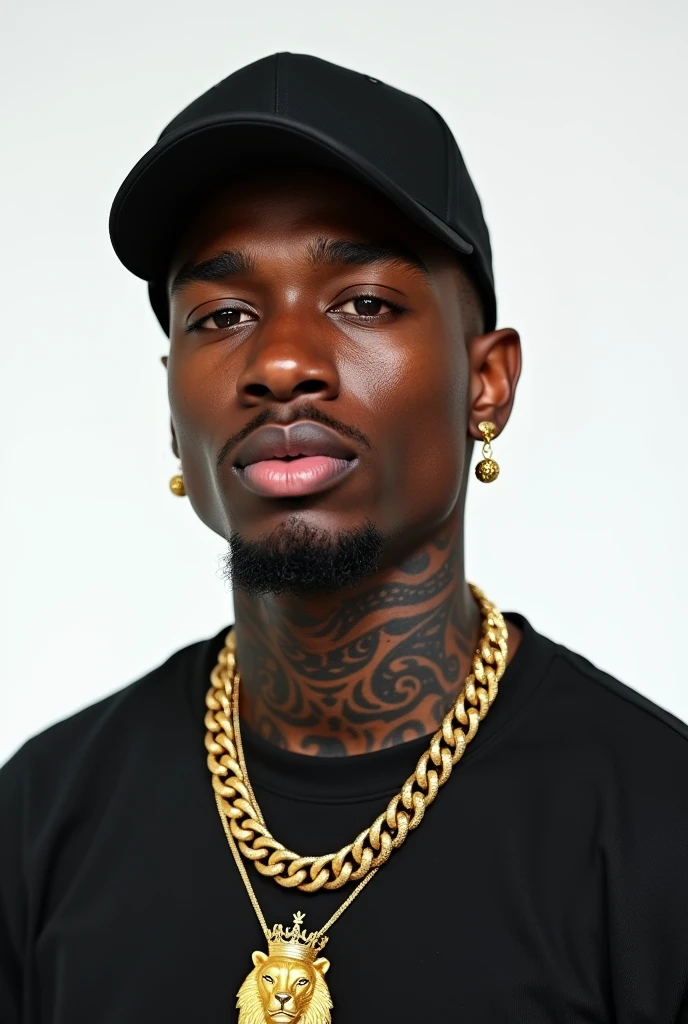 Create a hyper-realistic image, in 4K resolution, that resembles a high-quality photograph of a young black man with a contemporary streetwear style, captured in an American plane (medium-long plan) in white background. He has dark skin tone, defined facial features and a serious, confident expression. His face and neck are adorned with detailed tattoos.. He wears a black cap, gold earrings and a thick gold chain with a lion with a crown. . The image is framed from the knees up, showing off her full outfit while emphasizing the upper body details. The background is white The overall style should look like a realistic photograph, capturing every detail with precision and a natural look, as if it were taken by a professional photographer, focusing on unique style, personality and strong presence of the character.
