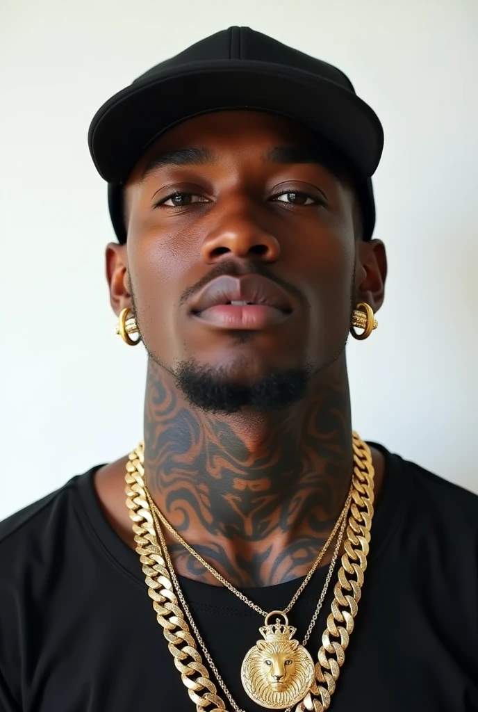 Create a hyper-realistic image, in 4K resolution, that resembles a high-quality photograph of a young black man with a contemporary streetwear style, captured in an American plane (medium-long plan) in white background. He has dark skin tone, defined facial features and a serious, confident expression. His face and neck are adorned with detailed tattoos.. He wears a black cap, gold earrings and a thick gold chain with a lion with a crown. . The image is framed from the knees up, showing off her full outfit while emphasizing the upper body details. The background is white The overall style should look like a realistic photograph, capturing every detail with precision and a natural look, as if it were taken by a professional photographer, focusing on unique style, personality and strong presence of the character.