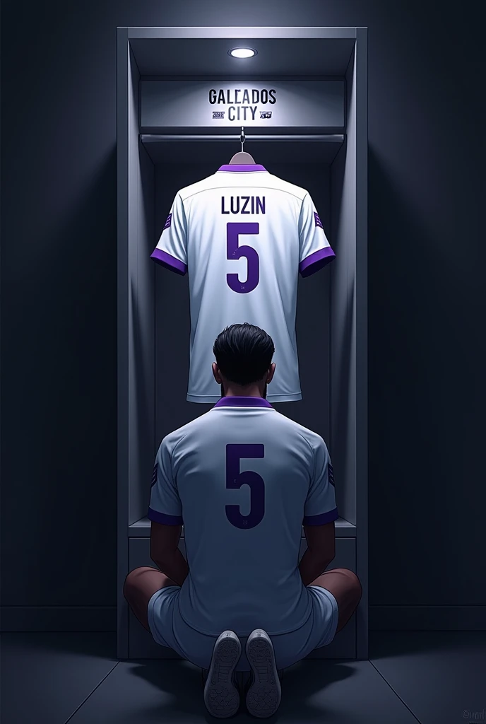 football locker room with a football player&#39;s cabin in this cabin there will be a white shirt with purple details (minimalists) on the collar and at the tip of the sleeve the shirt must be showing the back with the name LUIZIN highlighted and the shirt number must be number 5, the cabin at the top must contain the name of the club which is GALADOS CITY, all ambient light must be off, only the light of the sign with the name GALADOS CITY and a low light above the shirt indicating prominence must be on. (The image should be centered and not too far away) and the player with slightly dark skin, short straight black hair and a beard showing that he cares about the current fashion style must be wearing pre-game clothes different from the shirt that is hanging in the locker room, the one he is wearing is gray with purple details on the sleeve and collar of the shirt and on the shorts, the player in the image must be on his knees with his head down (indicating pre-game concentration)