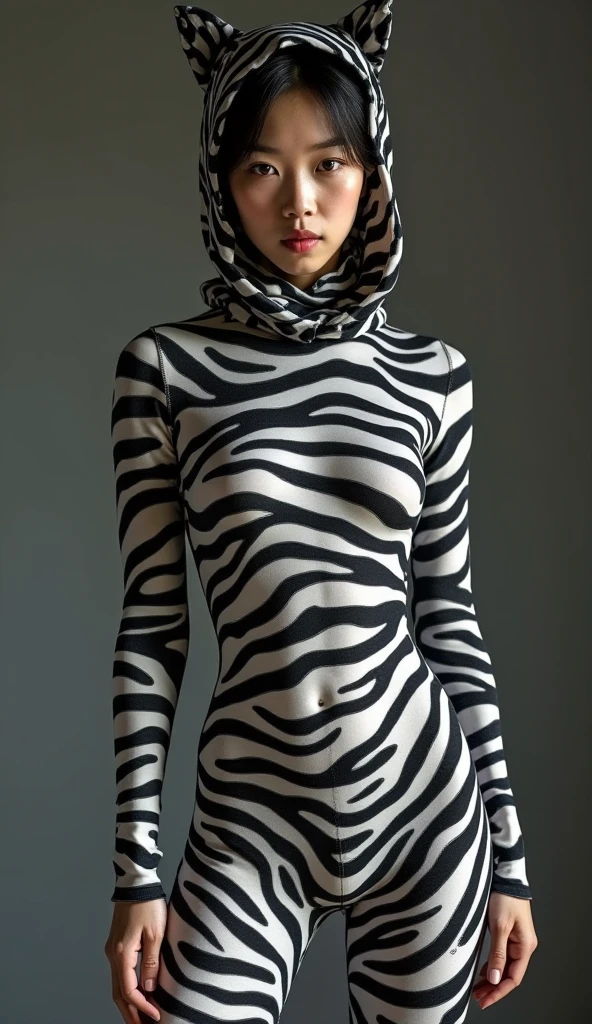 A most handsome and thin Asian chinese boy wears zebra print Lycra turtleneck unitard catsuit covered with zebra stripes.He always wear zebra Lycra dancewear hijab-like hood.He has beautiful cheeks on his face.