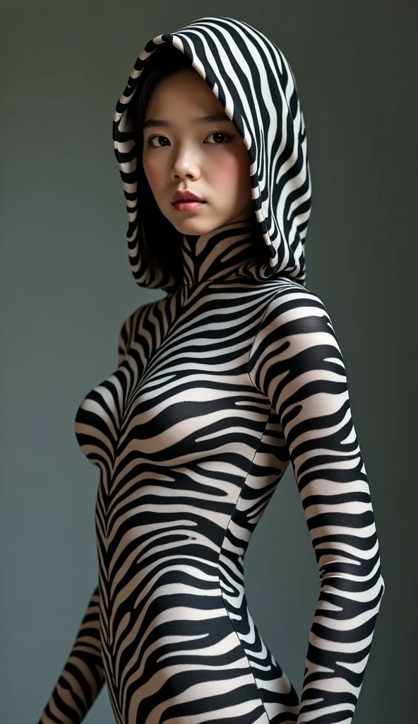 A most handsome and thin Asian chinese boy wears zebra print Lycra turtleneck unitard catsuit covered with zebra stripes.He always wear zebra Lycra dancewear hijab-like hood.He has beautiful cheeks on his face.