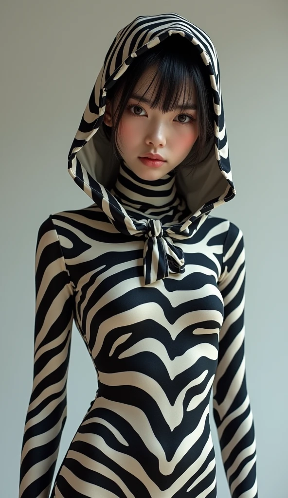 A most handsome and thin Asian chinese boy wears zebra print Lycra turtleneck unitard catsuit covered with zebra stripes.He always wear zebra Lycra dancewear hijab-like hood.He has beautiful cheeks on his face.