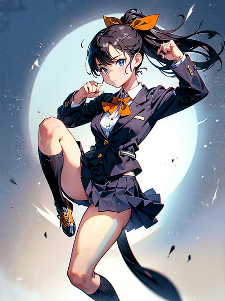 one person, Karate Stance,High Kick,Black Hair, ponytail, Slim body,Small breasts,Bad mood, Slanted Eyes, Character profile, high school student,Navy blue blazer,White blouse,Orange bow ribbon tie,Grey below-the-knee skirt,Vanishing Point, Ultra Wide Angle, Japanese illustration style, 