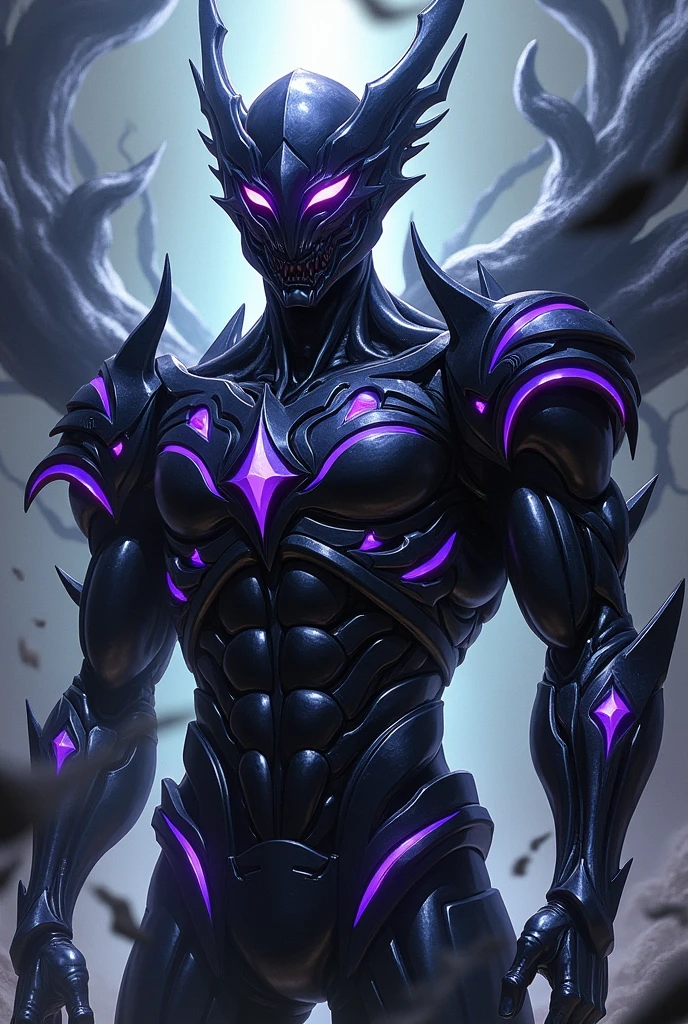 A humanoid body with shiny black armor, silver or purple details, eyes like shining gems, and an aura of dark mist around.
In the art style of Jojo bizarre adverture