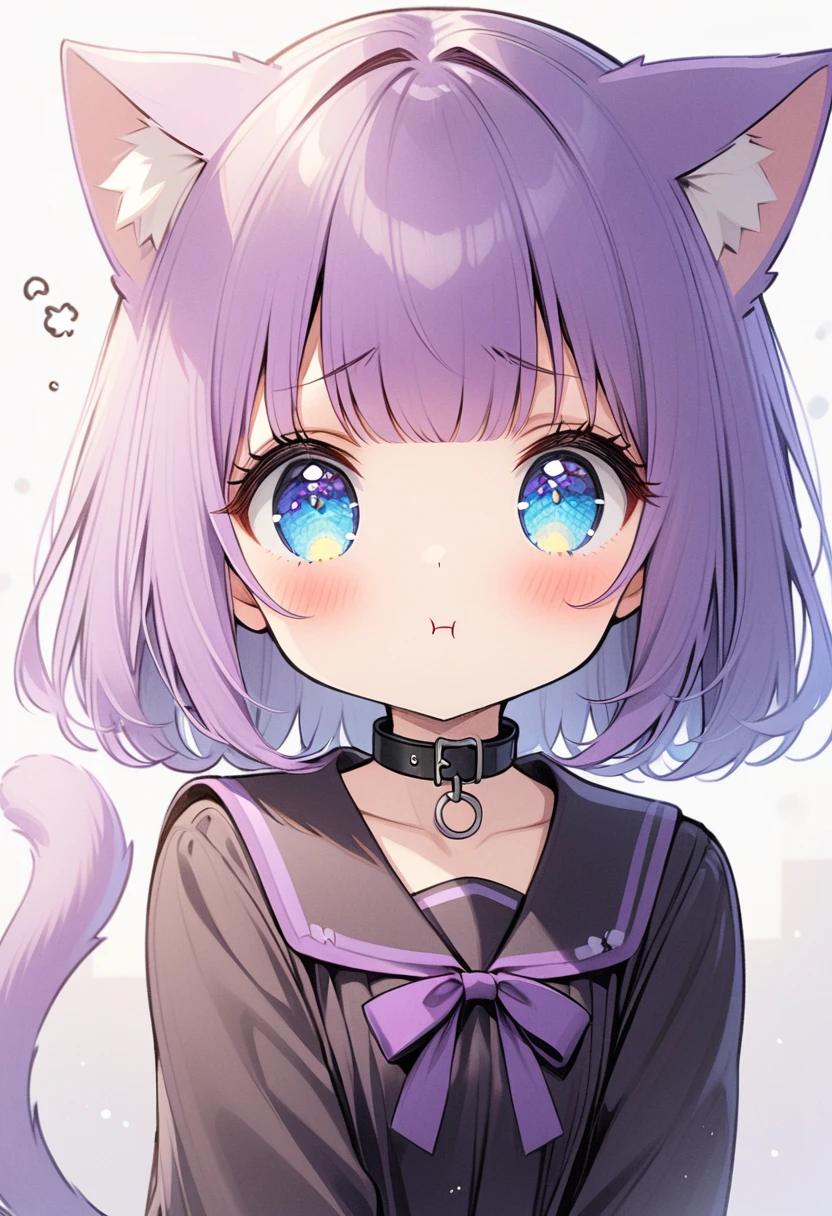 1 girl, blue eyes, by the wide, hits, purple hair, old, sad pout, black collar, cat ears, purple cat tail, black clothes