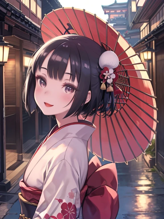 One Woman、Walking through the streets of Kyoto、geisha、Maiko、Kimono、White Face、smile、Red lipstick、double eyelid、Long eyelashes、Black Hair、Watching the audience、