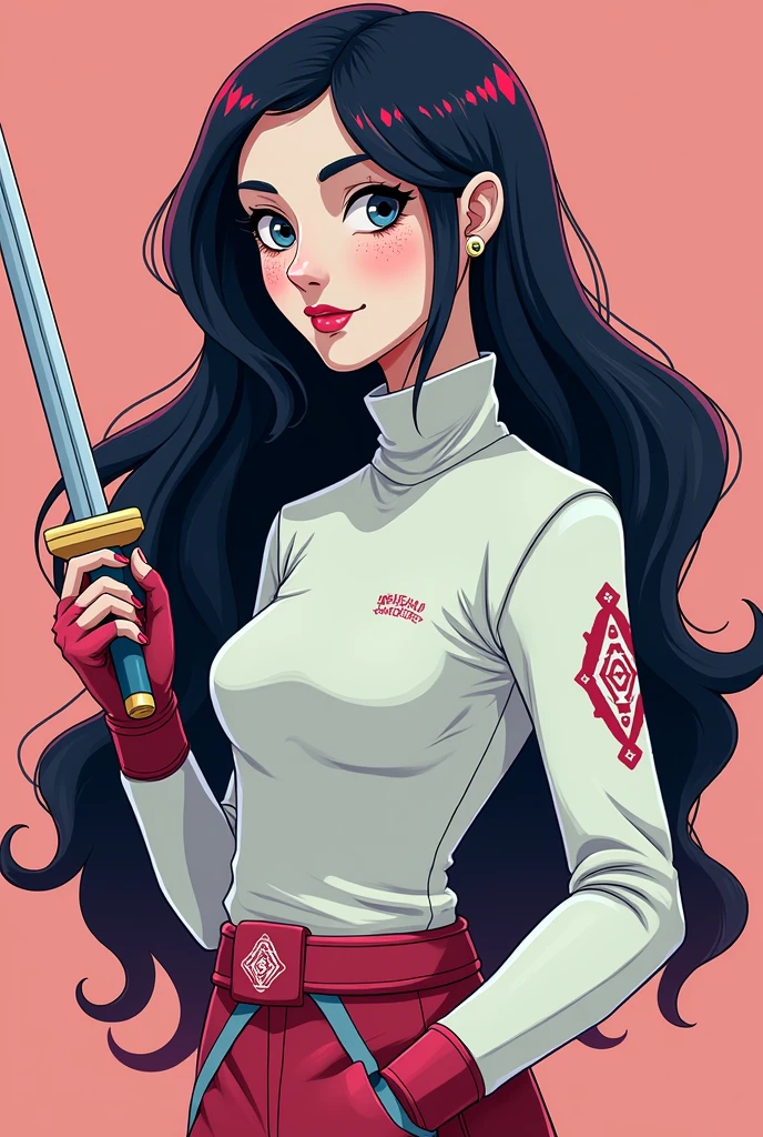 A woman who looks like Marceline, but with white skin with dimples on her face and without the pointy teeth hot cartoon version holding a fencing sword and fencing outfit
