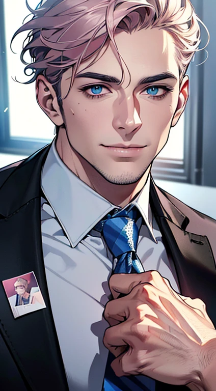 (best quality,4k,8k,highres,masterpiece:1.2),ultra-detailed,(realistic,photorealistic,photo-realistic:1.37),1 man,3,mature man,very handsome,without expression,smile,short grey pink hair,blue eyes,penetrating gaze,perfect face without errors,imposing posture,businessman,office background,cinematic lighting,hdr image