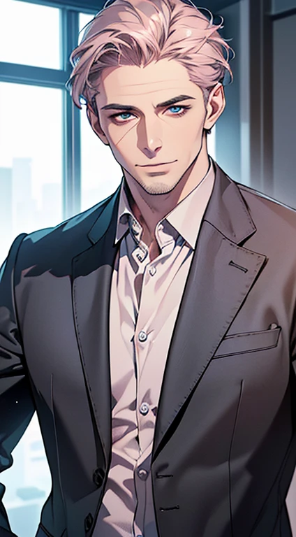 (best quality,4k,8k,highres,masterpiece:1.2),ultra-detailed,(realistic,photorealistic,photo-realistic:1.37),1 man,3,mature man,very handsome,without expression,smile,short grey pink hair,blue eyes,penetrating gaze,perfect face without errors,imposing posture,businessman,office background,cinematic lighting,hdr image