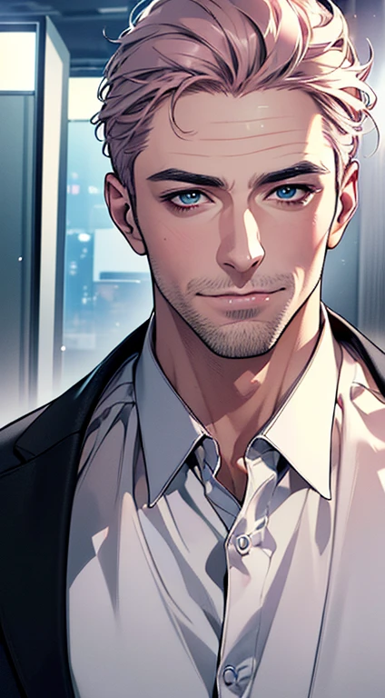 (best quality,4k,8k,highres,masterpiece:1.2),ultra-detailed,(realistic,photorealistic,photo-realistic:1.37),1 man,3,mature man,very handsome,without expression,smile,short grey pink hair,blue eyes,penetrating gaze,perfect face without errors,imposing posture,businessman,office background,cinematic lighting,hdr image