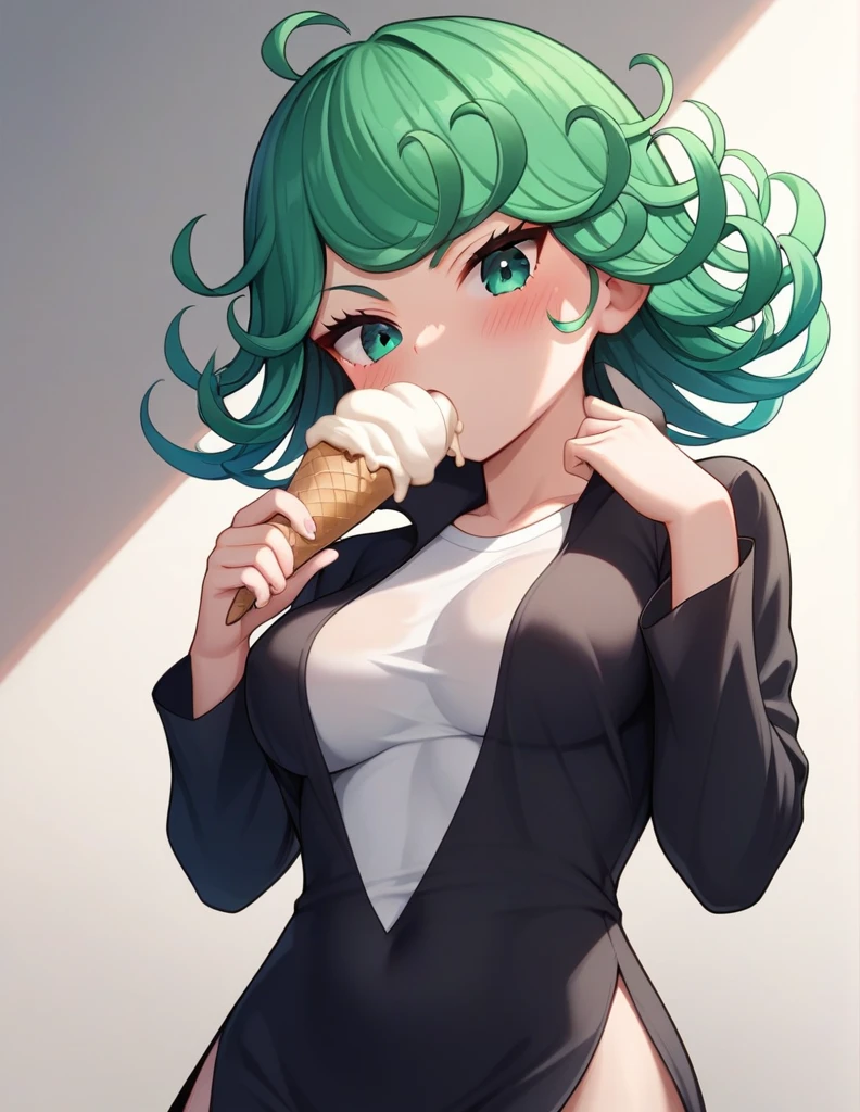 score_9, score_8_up, score_7_up, source_anime, best quality, clear face, Tatsumaki, green hair, green eyes, long hair, large breasts, perfect body, standing, looking at viewer, s, only wearing white shirt, dynamic angle, indoor,clothes,blushing,embrassed,see though clothes, view from below,girl sucking ice cream, ice cream,cute,eyes glowing in dark,girl sucking ice cream very deep