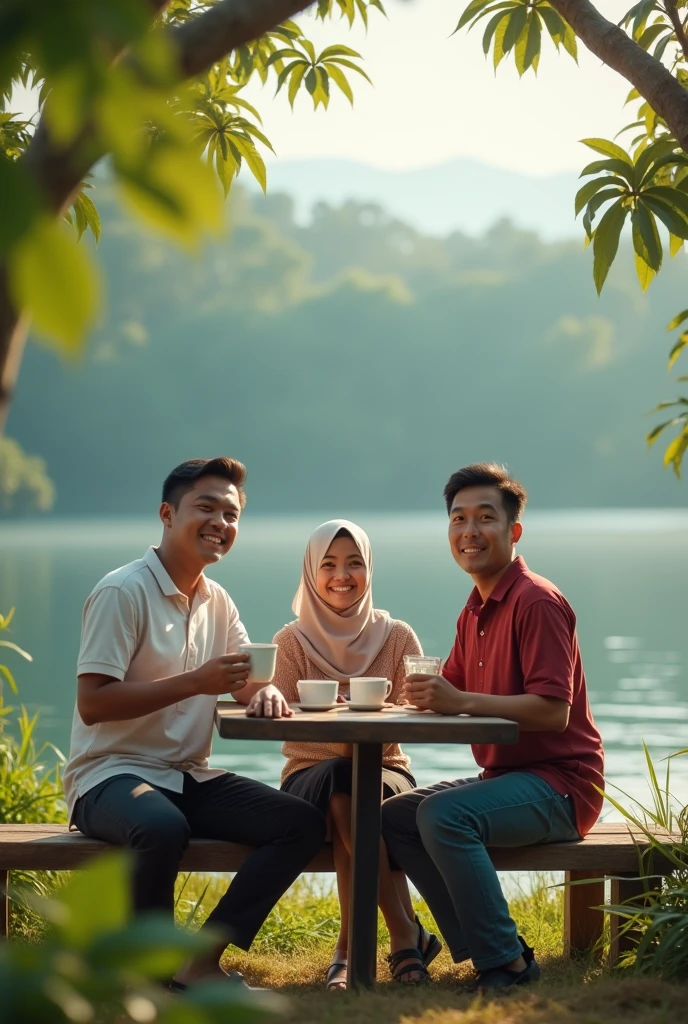 Two Indonesian men and one woman from Indonesia enjoying coffee by the lake in the morning. Men are taller than women, Their faces are facing the camera with a smile. Hyper realistic high resolution cinematic ultra hd detail glossy