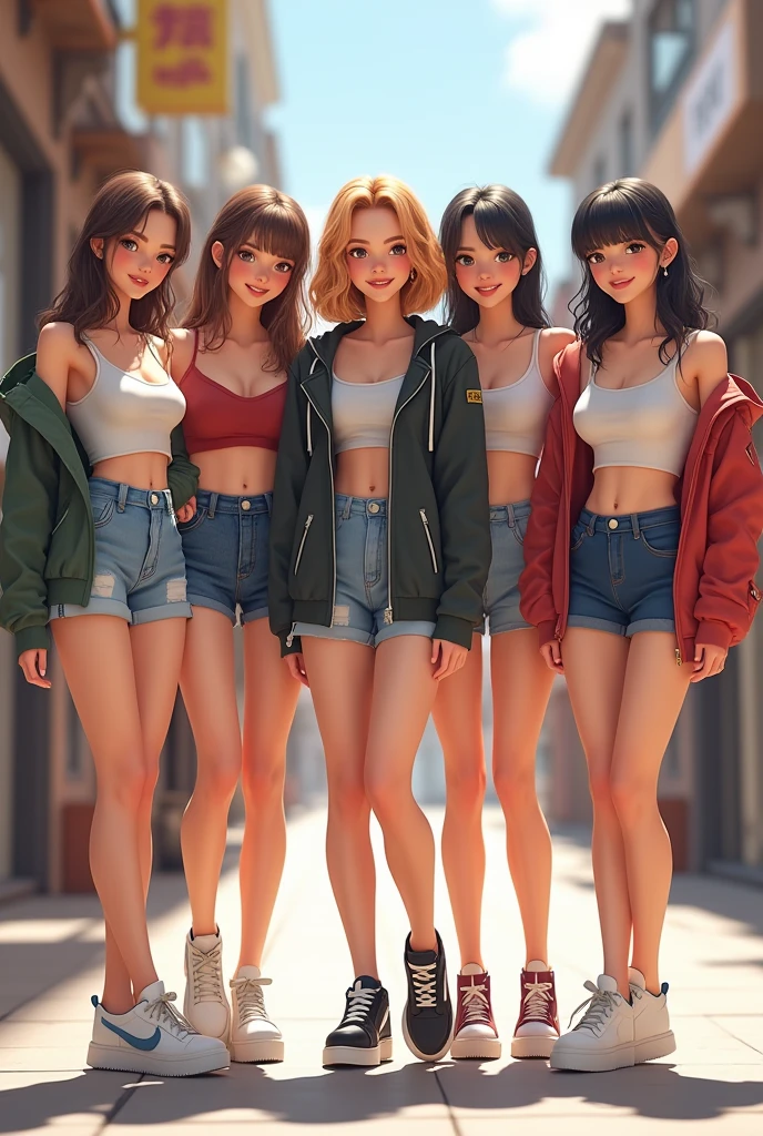 Realism: 0.8), 6+ girls, ( girls: 1.4), neat and clean gals, (flat breasts: 1.4), (cheeky smiles: 1.1), (swag: 1.1), camisole, mesh (tank top: 0.9), (tube top: 1.1), T-shirt, off-shoulder crop top, mini skirt, sneakers, sandals, (denim: 0.9), (shorts: 0.9), Compression Shorts, (Parker: 1.1), (Track Jacket: 1.1), (Windbreaker: 1.1), (Jeans Jacket: 1.1), (Unzip: 1.2), Open Front, Aeon Shopping