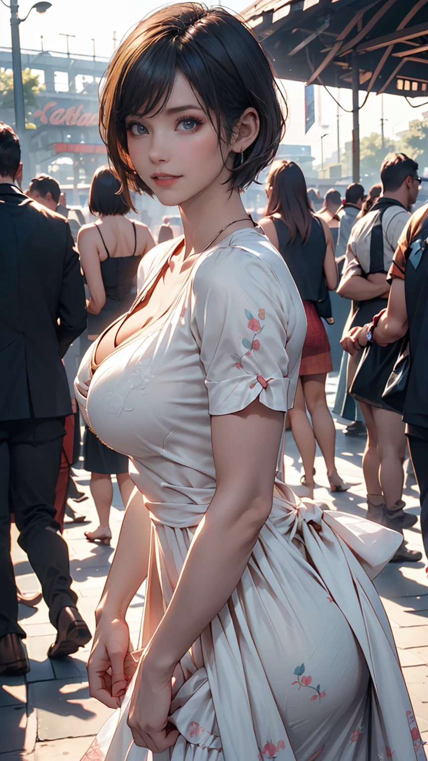 Highest quality, One person, (Skin Dentition), (Huge breasts:1.2), (Blur the background:0.6), At a crowded amusement park, (Casual yet stylish, Elegant fabric,fローラl dress:1.5 ), nice, (short hair:1.5), Soft lighting, Wind, (Front light:1.5), surprised, 