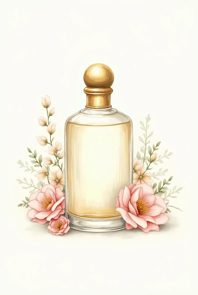 A painting with a perfume bottle. dainty, pencil draw, unpainted. vintage frasco, with bouquets of flowers. Delicate watercolor painting, golden lid