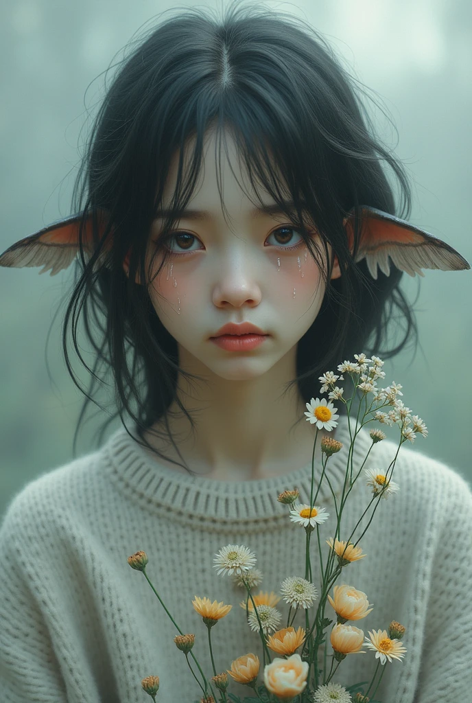 Teenage girl with feather ears crying surreal tears with flowers coming out of her sweater
