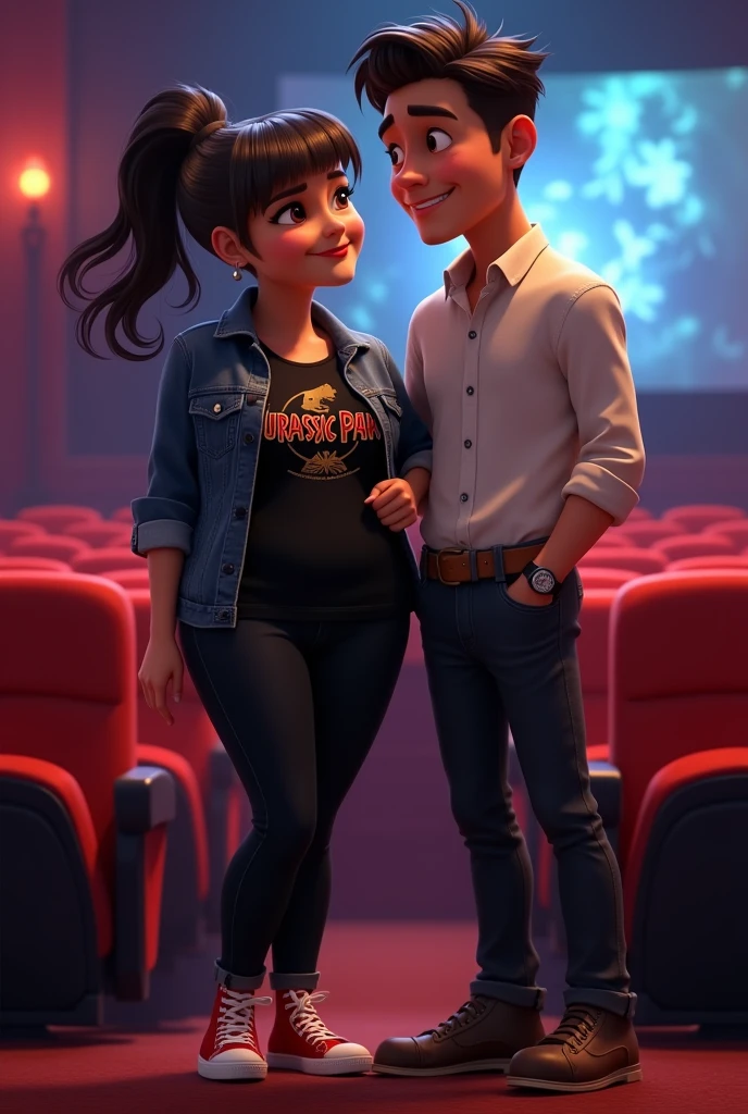 A couple arm in arm.
She is smiling, has a robust build, wide legs, small ears, and a light complexion., wide nose big brown eyes hair in a bun and straight curtain bangs, you wore a black Jurassic Park blouse, with a black denim jacket, black jeans and red converse. He is of slim build, tez morena, wide nose small eyes short dark straight hair small ears wears a formal white button-down shirt and black dress pants with brown shoes, protagonists of a Disney Pixar movie digital art. At the cinema watching a horror movie