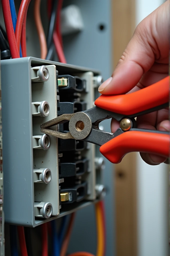 An electrician fixing the colored wires with a clamp 
