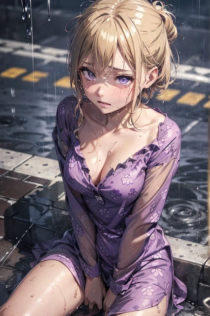 ((amazing purple eyes)), ((absolutely soaking wet, drenched, wet through)), wearing nothing but her oned pyjama shirt, patterned shirt, soaking wet, heavy rainfall, caramel-blonde hair, gorgeous amazing eyes, depressed purple eyes, crying, sad, very dark, nighme, short hair, Patterned pyjamas, ((amazing detailed, amazing fabric detail)), Tint breastsng on the ground, sitting on the floor, small breasts, no bowearing only her shirt, depressed, crying, cute, tiny breasts small chest, al pyjama shirt, heavy rain,