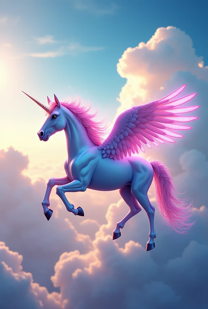 colorful winged unicorn flying in the clouds from afar