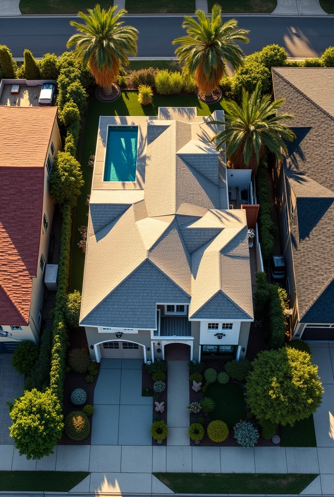 An aerial view of the LATINA home highlighting its unique design in the neighborhood, or close-ups of exclusive architectural details and high-quality finishes.