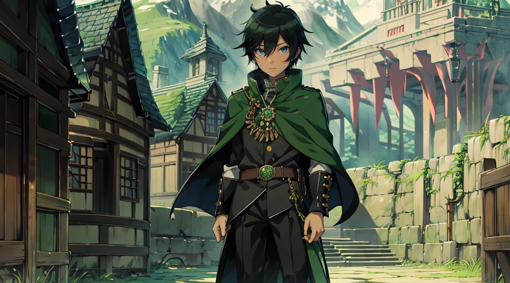 yuichiro hyakuya, (WithoutFear:1), demon king, evil face, 1 boy, black hair, green eyes, brown coat, gray armor, green shield, green cloak, dark brown gloves, castle, white fur trim, tall, anime, standing, good quality, portrait, looking at viewer