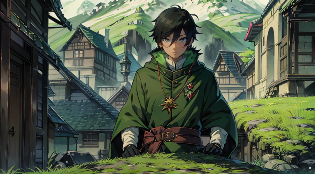 yuichiro hyakuya, (WithoutFear:1), demon king, evil face, 1 boy, black hair, green eyes, brown coat, gray armor, green shield, green cloak, dark brown gloves, castle, white fur trim, tall, anime, standing, good quality, portrait, looking at viewer