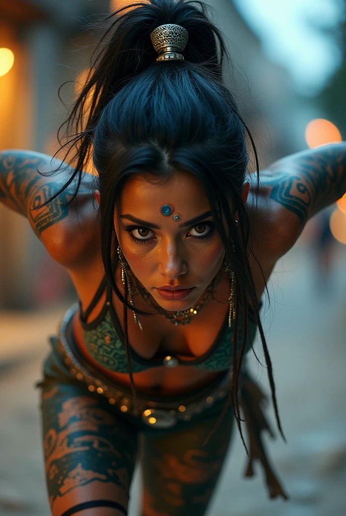 **Mayan punk woman, determined expression, brown eyes, anodized metal in clothing, ethnic punk with Mayan designs, reflective surfaces, backflip toward viewer, motion blur, evening lighting, reflections on anodized, intricate facial detail, cyberpunk style, MTG art by Johannes Voss, Fannysanchez --ar 16:9** - Image #4 