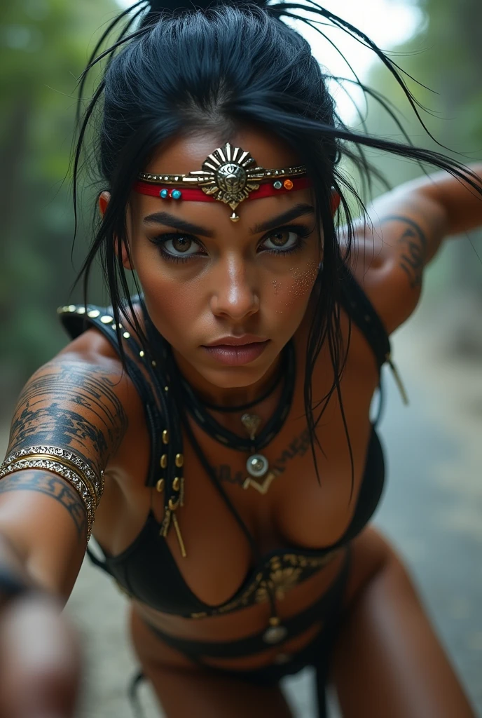**Mayan punk woman, determined expression, brown eyes, anodized metal in clothing, ethnic punk with Mayan designs, reflective surfaces, backflip toward viewer, motion blur, evening lighting, reflections on anodized, intricate facial detail, cyberpunk style, MTG art by Johannes Voss, Fannysanchez --ar 16:9** - Image #4