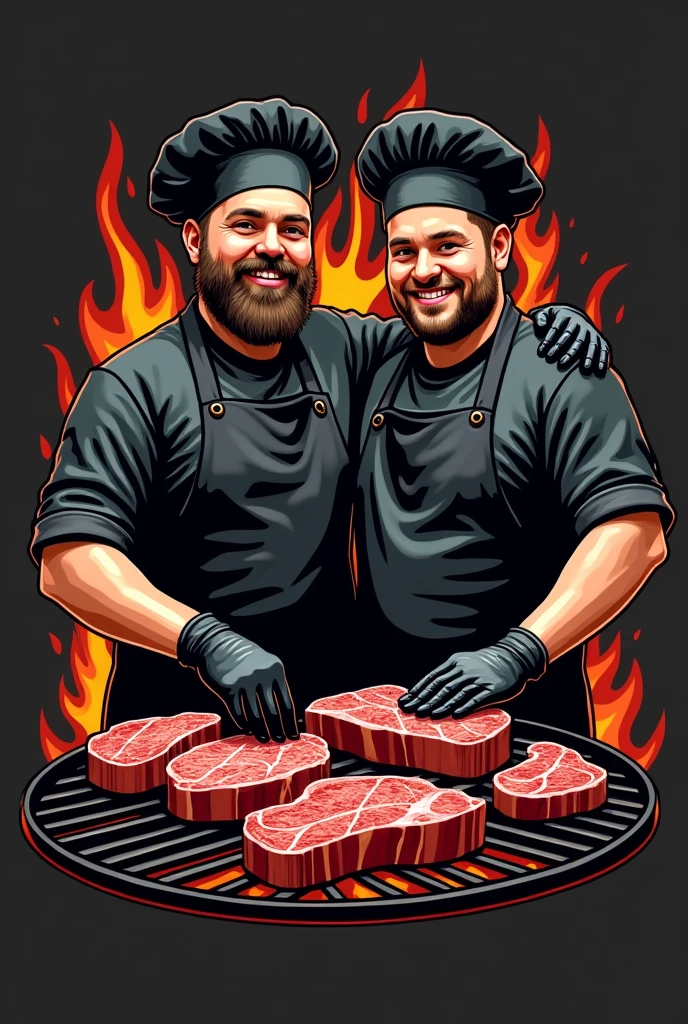 Create a professional logo  ,  with a barbecue theme on the grill , special cuts of meat , two people , de avental preto , gloves and caps , two brothers in drawing , one of the two chubby brothers 