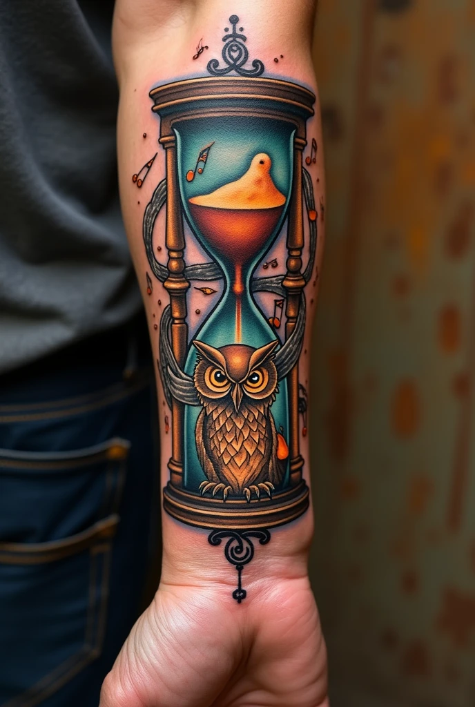 wisdom, time and music tattoo for man's arm