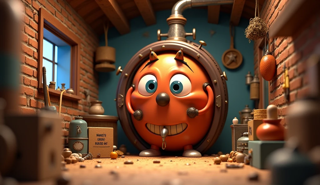 Im Stil von Pixar 3D-Animationmsfilmen (Caricature). An ordinary cellar.