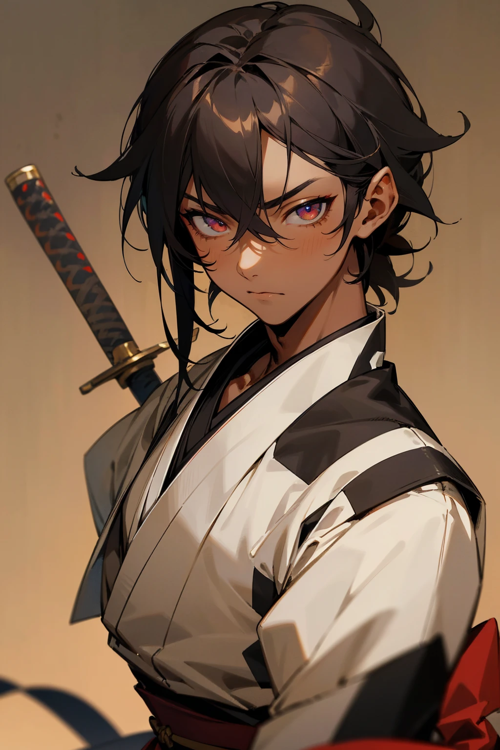 Masterpiece Quality, Perfect Generation, Sclera, Detailed Eyes, Skin, Black Tied Up Hair, Muscular, Casual Clothing, Bored Expression, , Old Japanese Background, Full Body, Tanned Skin, Two Toned Black Highlighted Hair, Japanese Clothing, Sword, Facing Viewer, Male, Japanese City Background, Tanned Skin, Dark Skin,