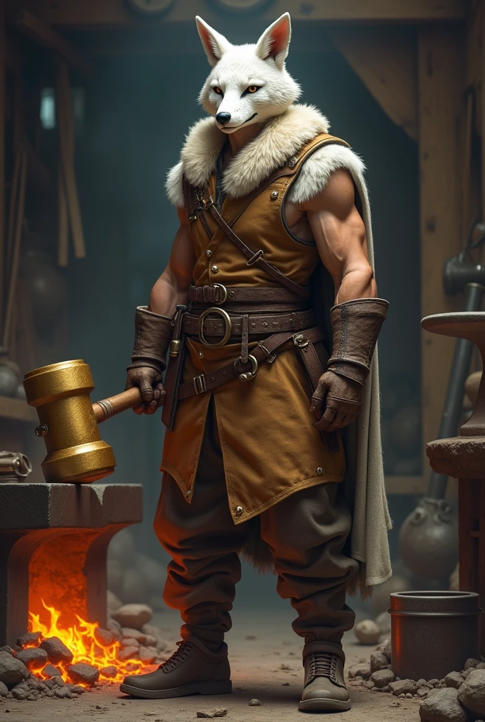 A young adult in a blacksmith suit with a golden hammer With a white fox mask