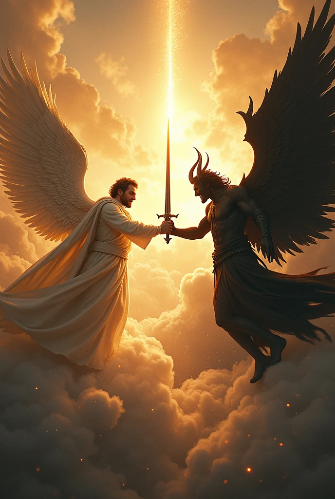  Battle in the sky; on one side Michael in bright robes accompanied by many angels in white clothes and on the other side the Devil in black robes accompanied by several angels dressed in black clothes. All having swords in their hands. 