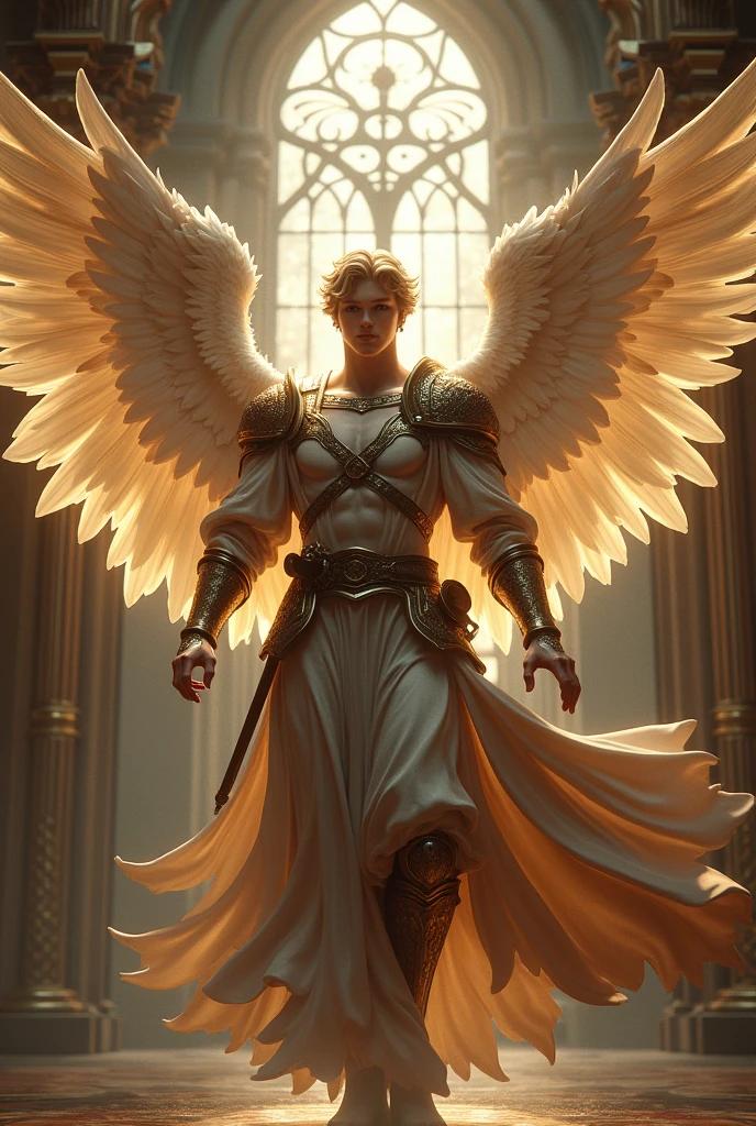 Beautiful, gorgeous and hyperrealistic (male Angel Guardian dressed as a medieval warrior, full body, in action. In traditional catholic art style) by Jean- Baptiste Monge, Unreal Engine, Greg Rutkowski, Loish, Rhads, Beeple, Makoto Shinkai, and Lois van Baarle, Ilya Kuvshinov, Rossdraws, Tom Bagshaw, Alphonse Mucha, global illumination, detailed and intricate environment