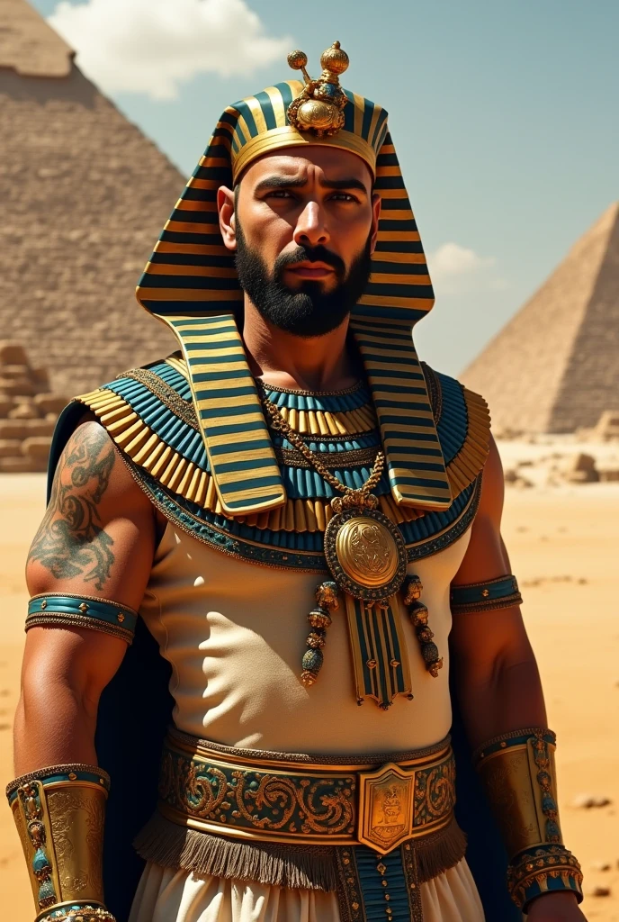 Ezio greggio with pharaoh outfit, pyramids background,