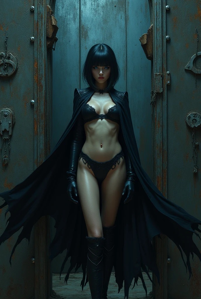 Dark short haircut blue eyes vampire girl lingerie panties stockings cape goes to her grandfather and orders him to tear off a steel armored door like nothing else