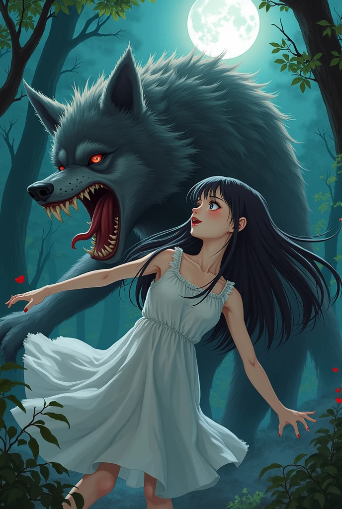 Anime Girl in white sundress getting eaten by werewolf